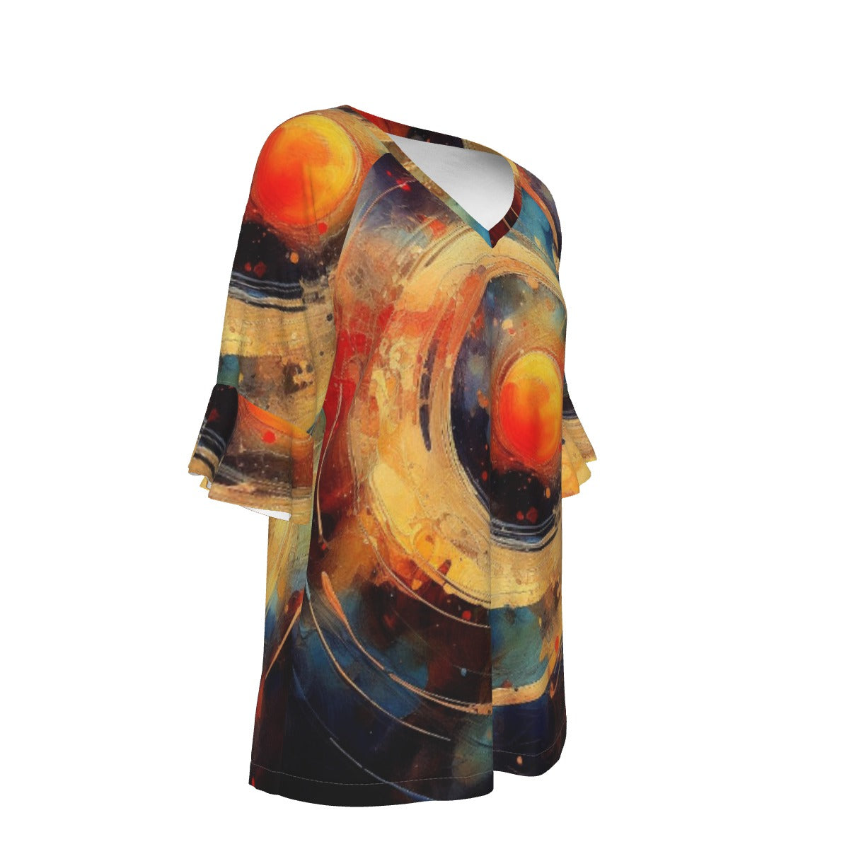 All-Over Print V-neck Women's T-shirt With Bell Sleeve