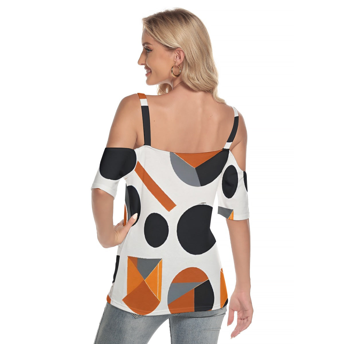 All-Over Print Women's Cold Shoulder T-shirt With Criss Cross Strips