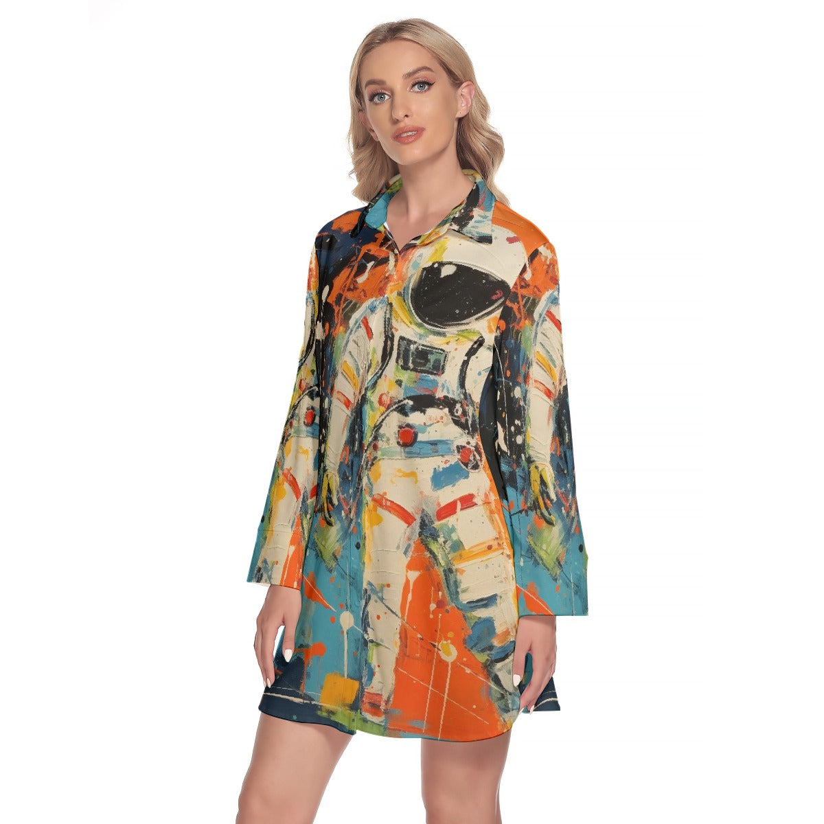 All-Over Print Women's Lapel Shirt Dress With Long Sleeve