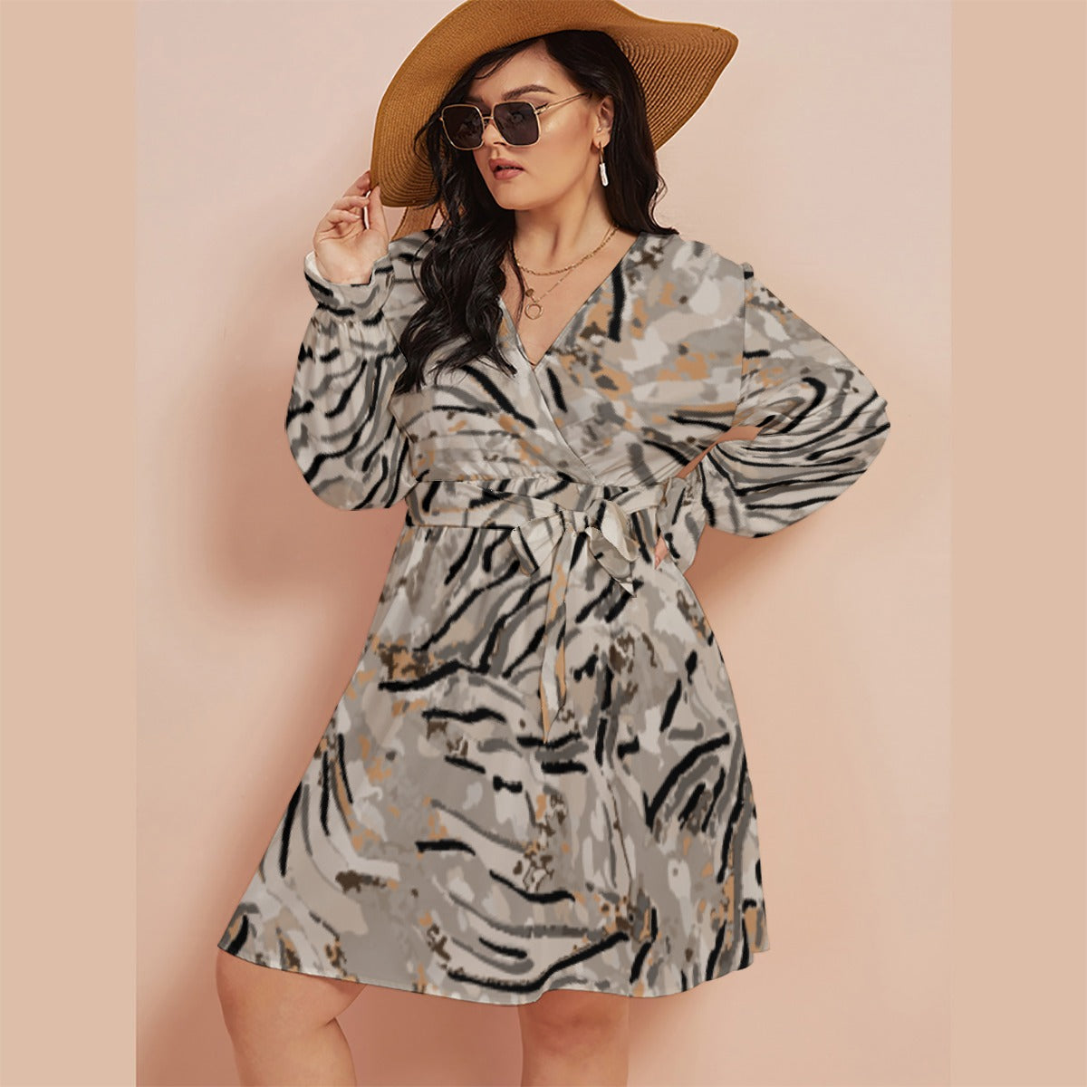 All-Over Print Women's V-neck Dress With Waistband(Plus Size)