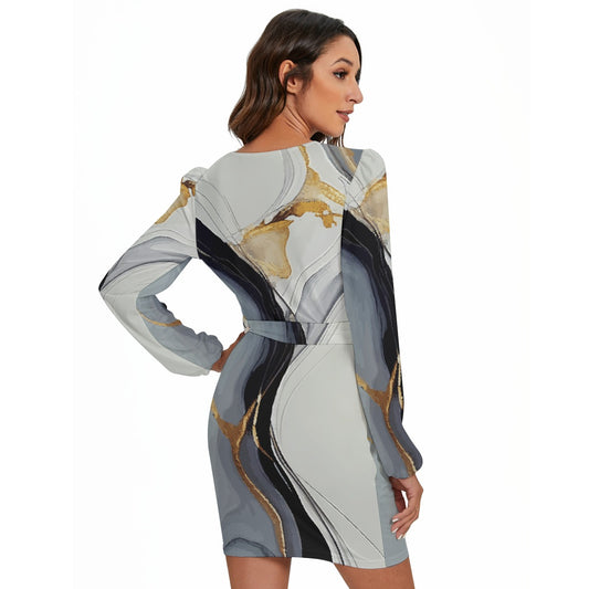 All-Over Print Women's Long Sleeve Dress With Waist Belt