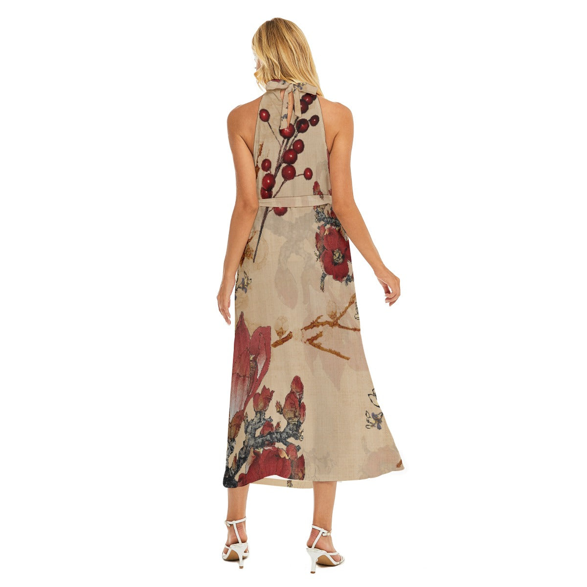 All-Over Print Women's Wrap Hem Belted Halter Dress