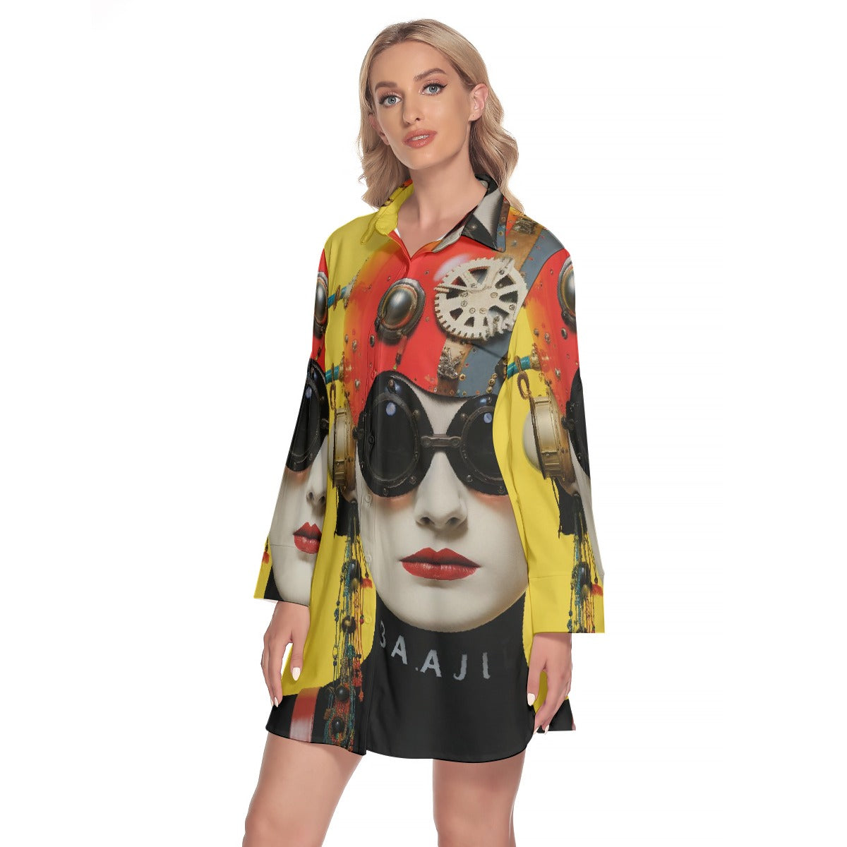 All-Over Print Women's Lapel Shirt Dress With Long Sleeve