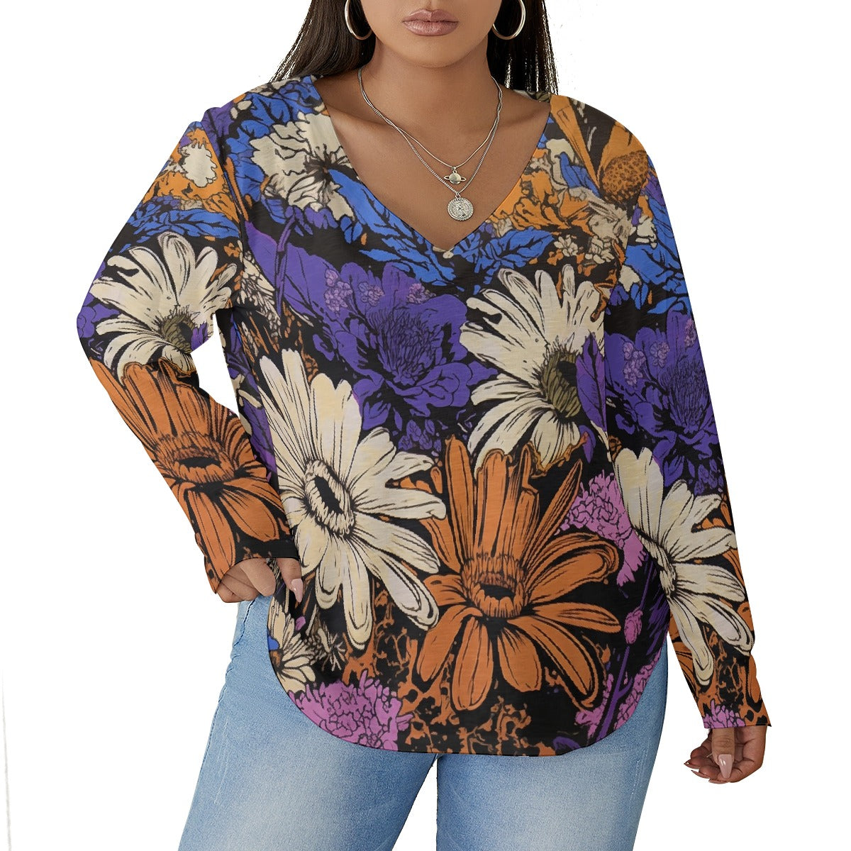 All-Over Print Women's V-neck T-shirt With Curved Hem(Plus Size)