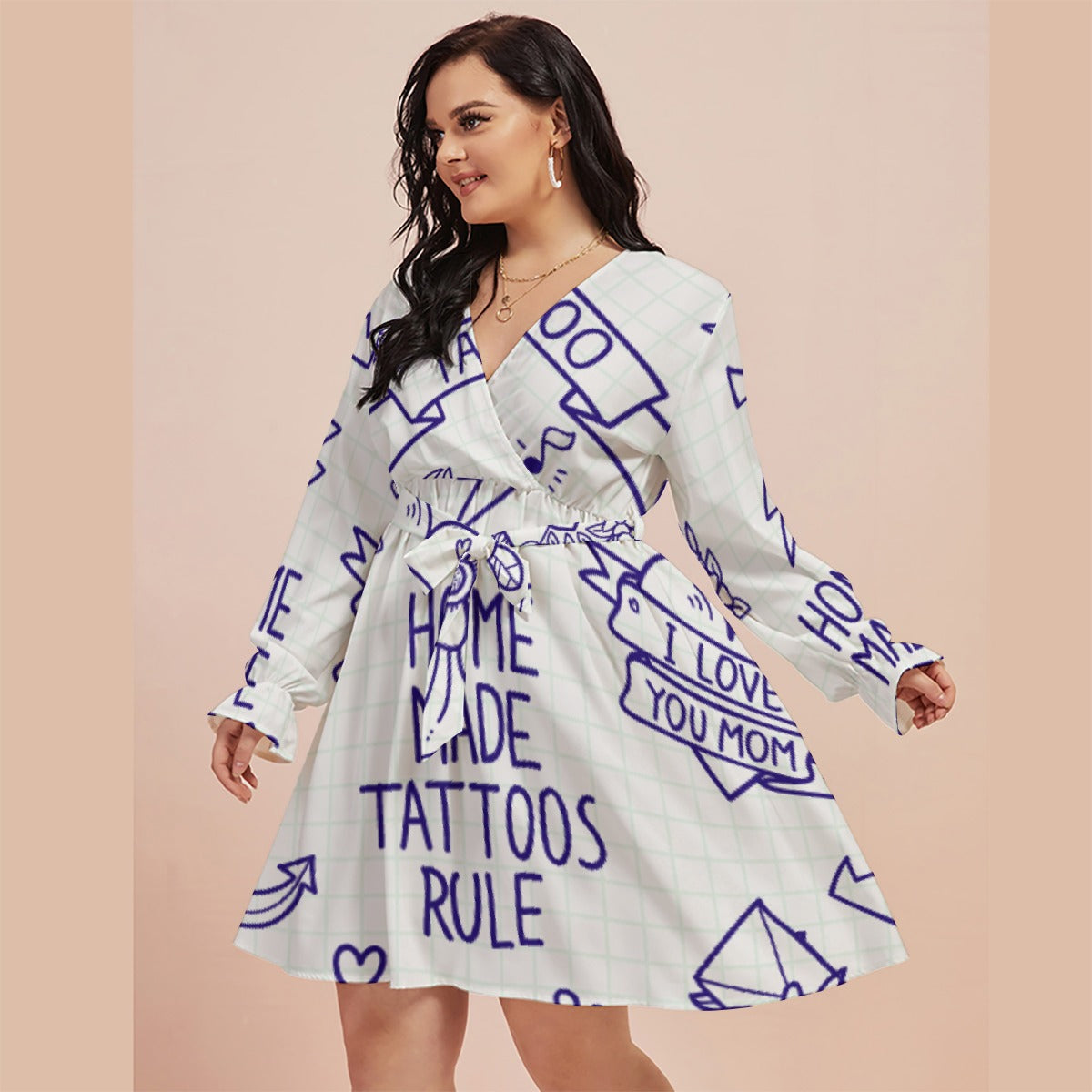 All-Over Print Women's V-neck Dress With Waistband(Plus Size)