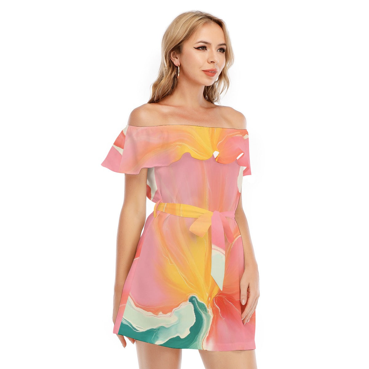 All-Over Print Women's Off-shoulder Dress With Ruffle