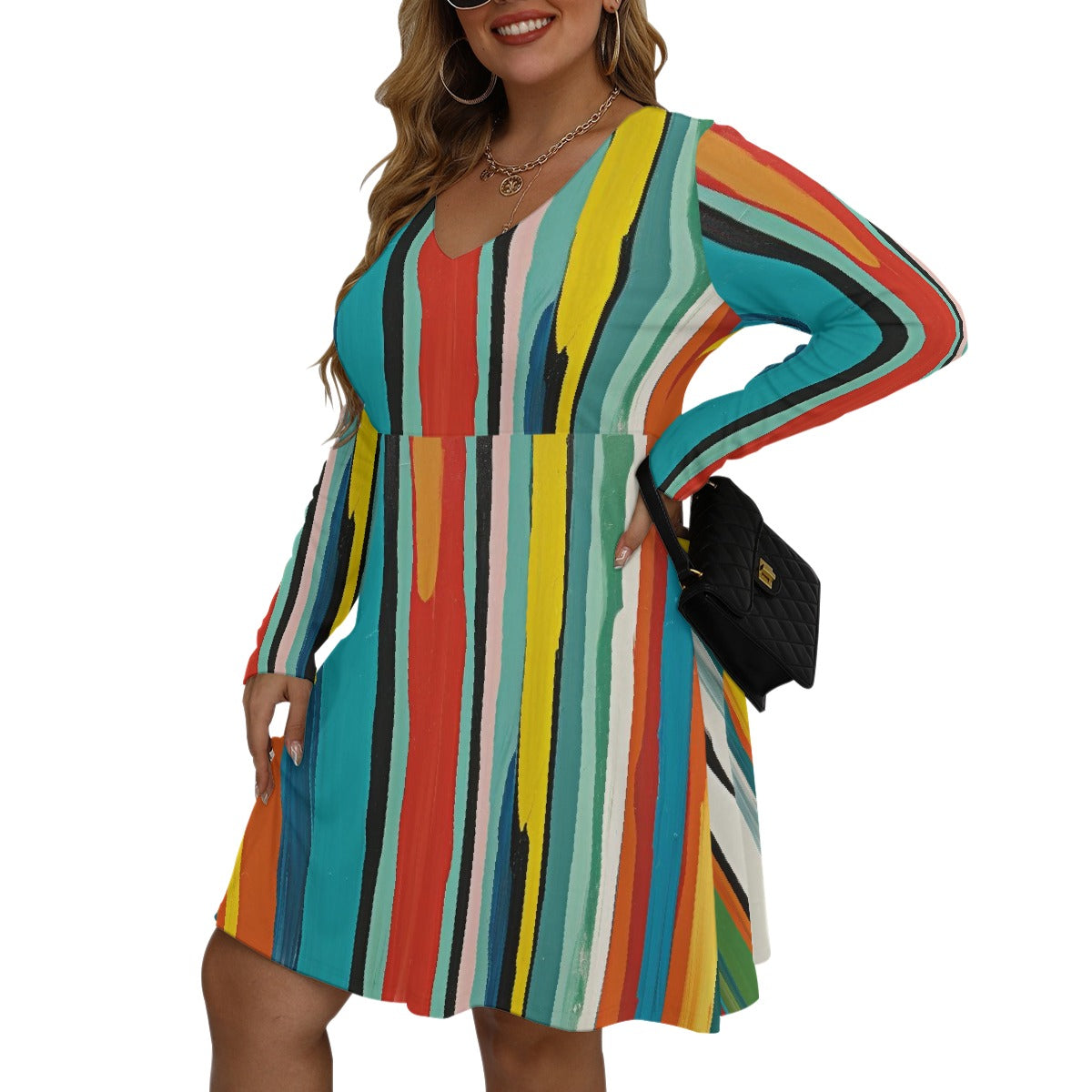 All-Over Print Women's V-neck Long Sleeve Dress(Plus Size)