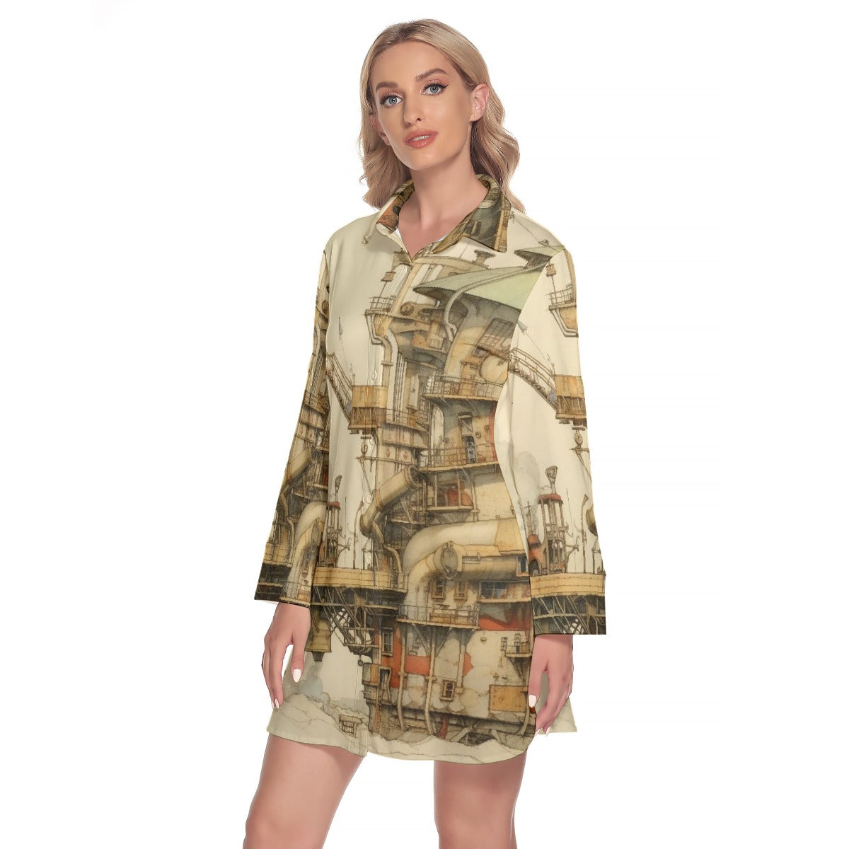 All-Over Print Women's Lapel Shirt Dress With Long Sleeve