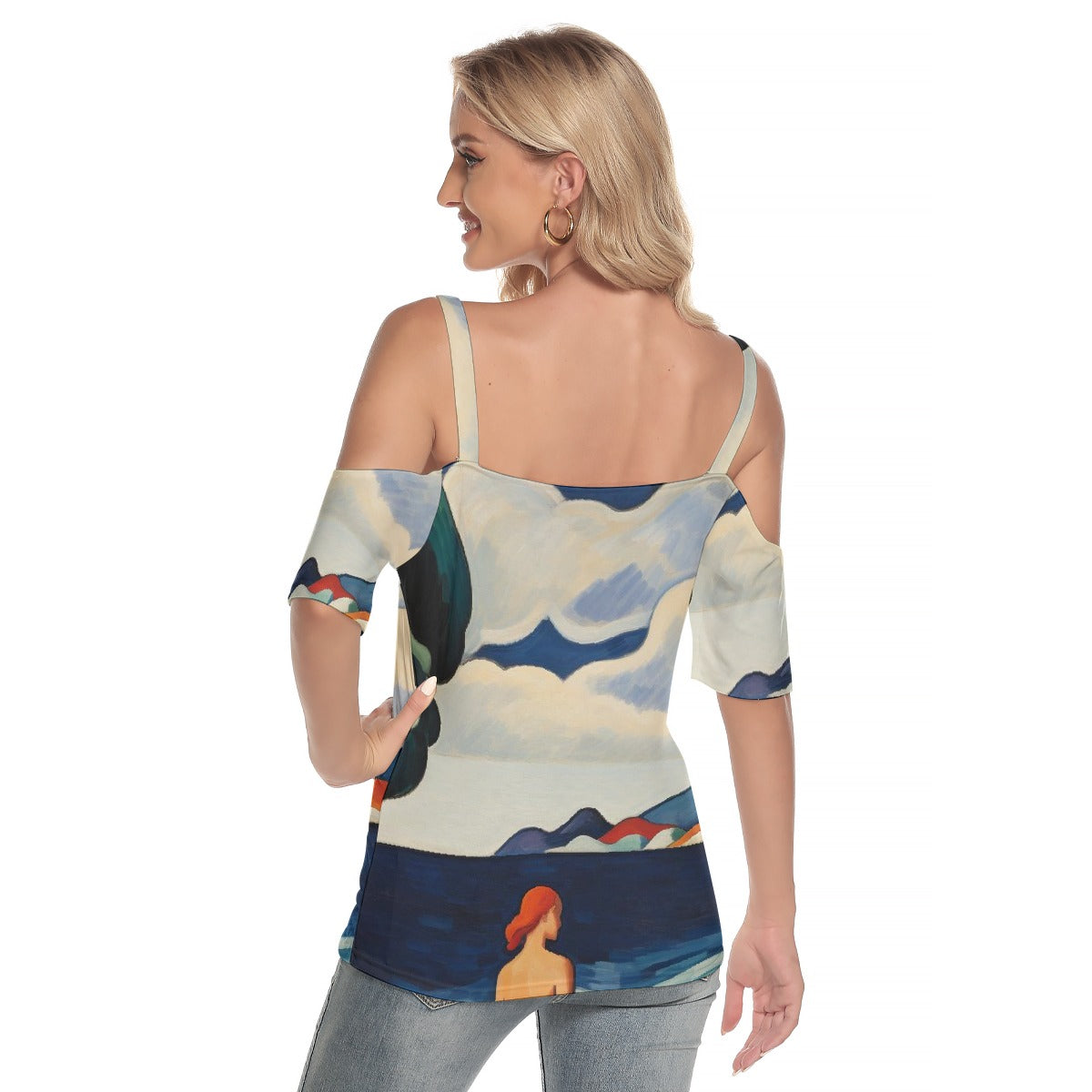 All-Over Print Women's Cold Shoulder T-shirt With Criss Cross Strips