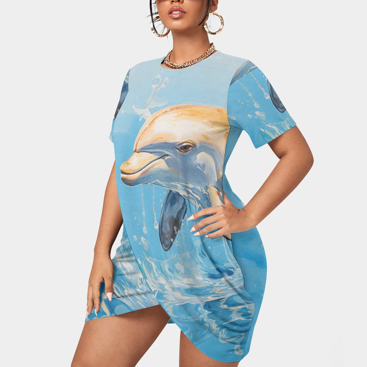 All-Over Print Women’s Stacked Hem Dress With Short Sleeve（Plus Size）