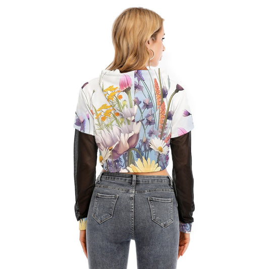 All-Over Print Women's Fake Two-piece Mesh Sleeve Cropped Hoodie