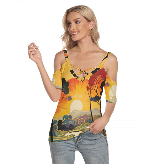 All-Over Print Women's Cold Shoulder T-shirt With Criss Cross Strips