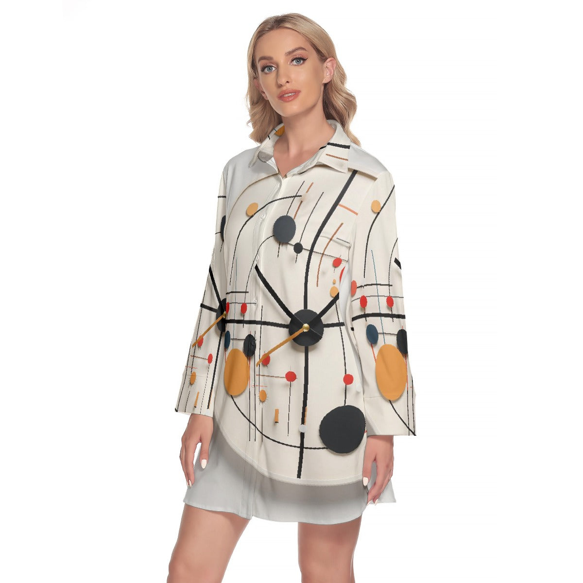 All-Over Print Women's Lapel Shirt Dress With Long Sleeve