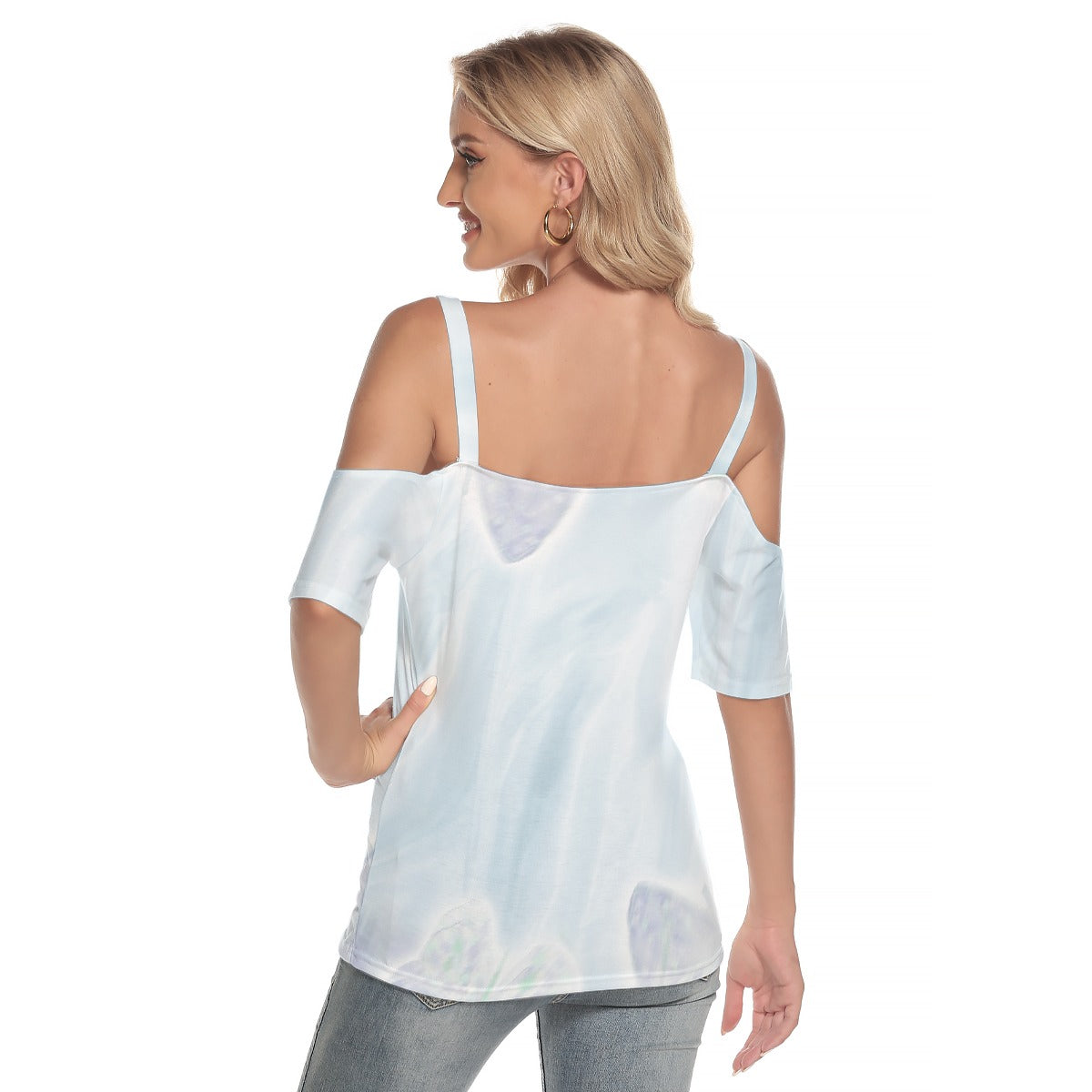 All-Over Print Women's Cold Shoulder T-shirt With Criss Cross Strips