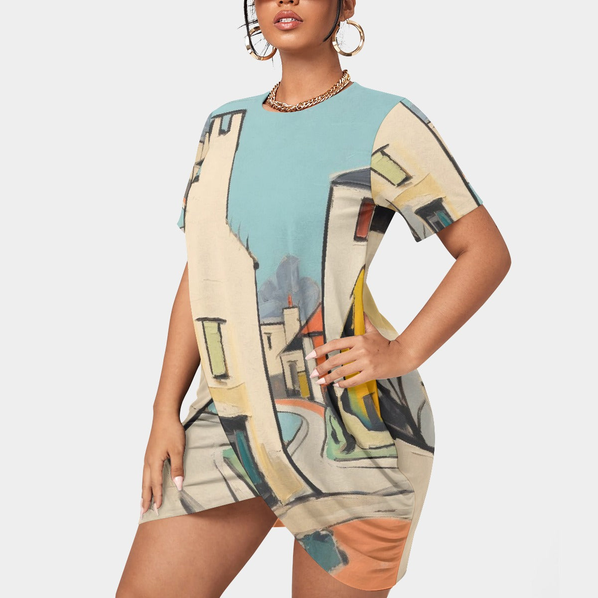 All-Over Print Women’s Stacked Hem Dress With Short Sleeve（Plus Size）