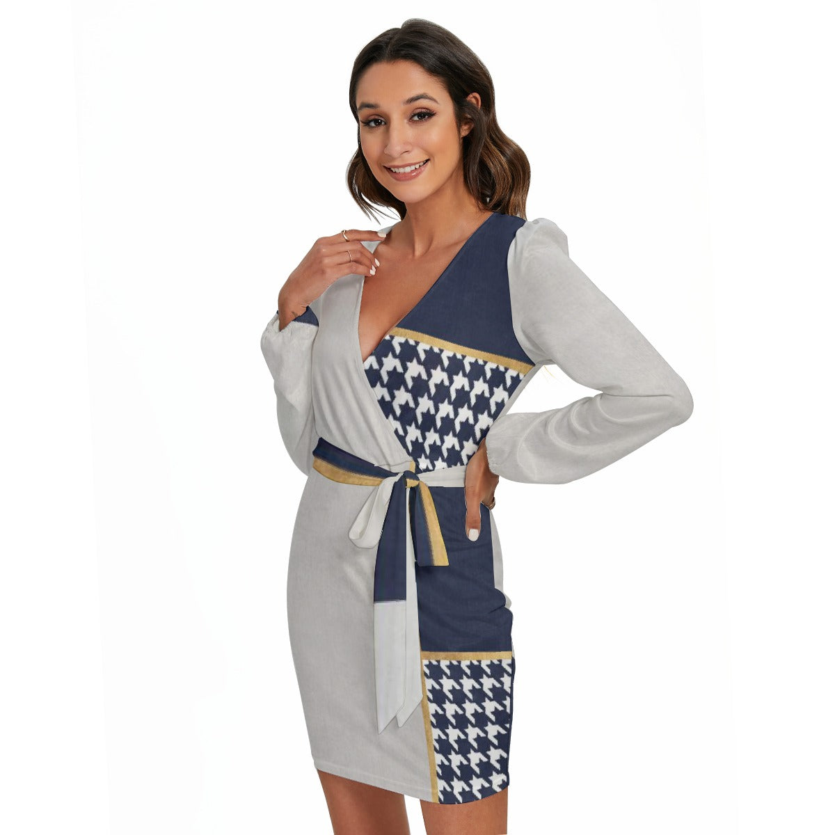 All-Over Print Women's Long Sleeve Dress With Waist Belt