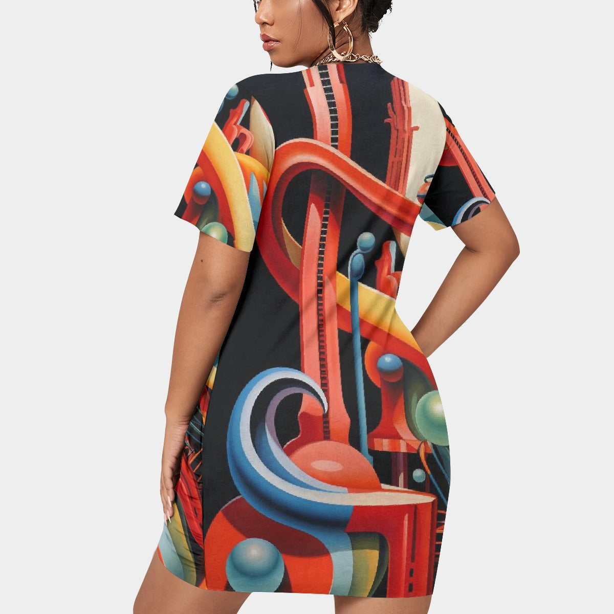 All-Over Print Women’s Stacked Hem Dress With Short Sleeve（Plus Size）