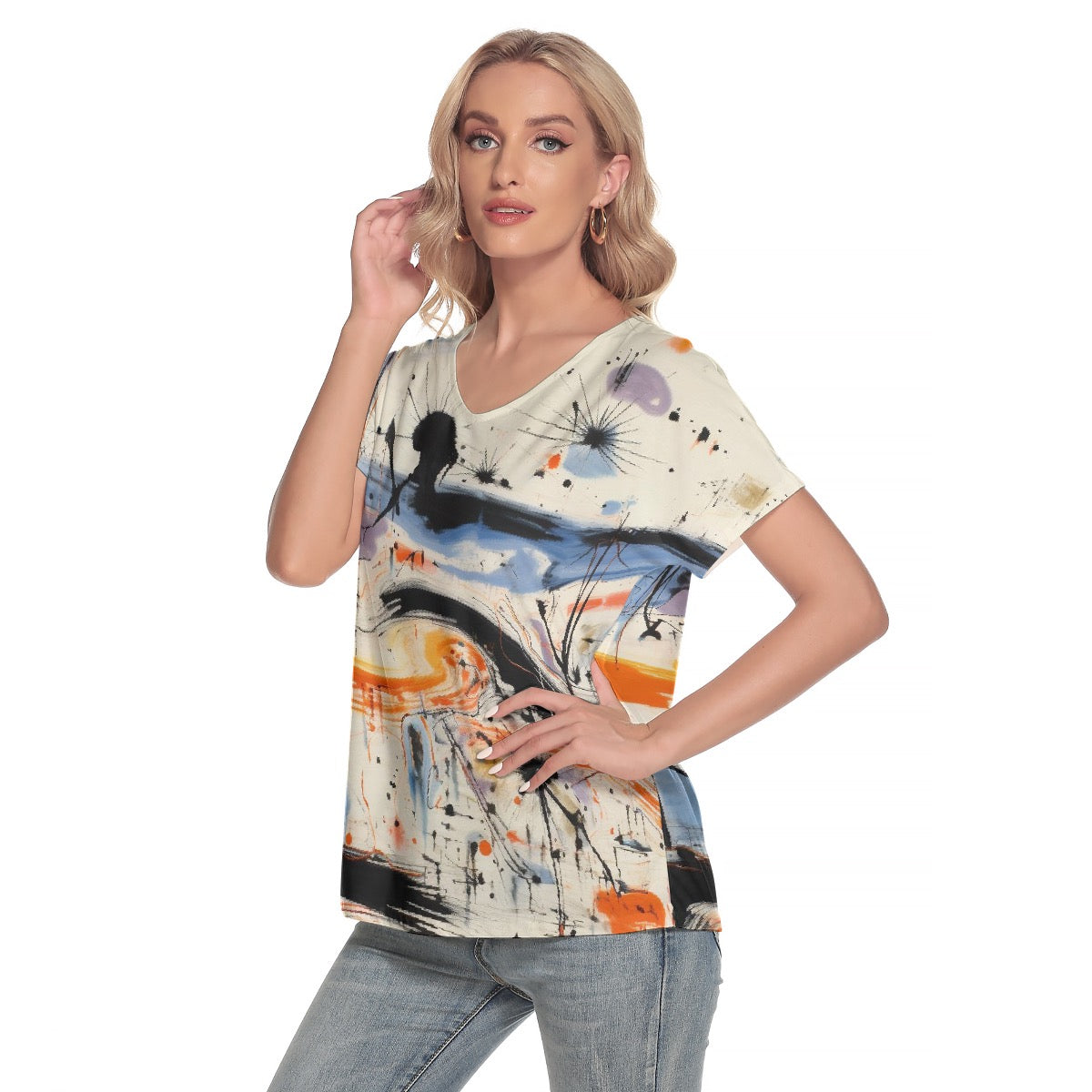 All-Over Print Women's Loose V-neck Short Sleeve T-shirt