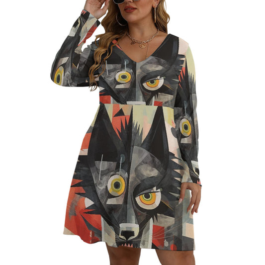 All-Over Print Women's V-neck Long Sleeve Dress(Plus Size)