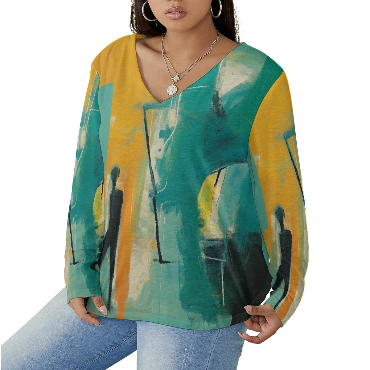 All-Over Print Women's V-neck T-shirt With Curved Hem(Plus Size)