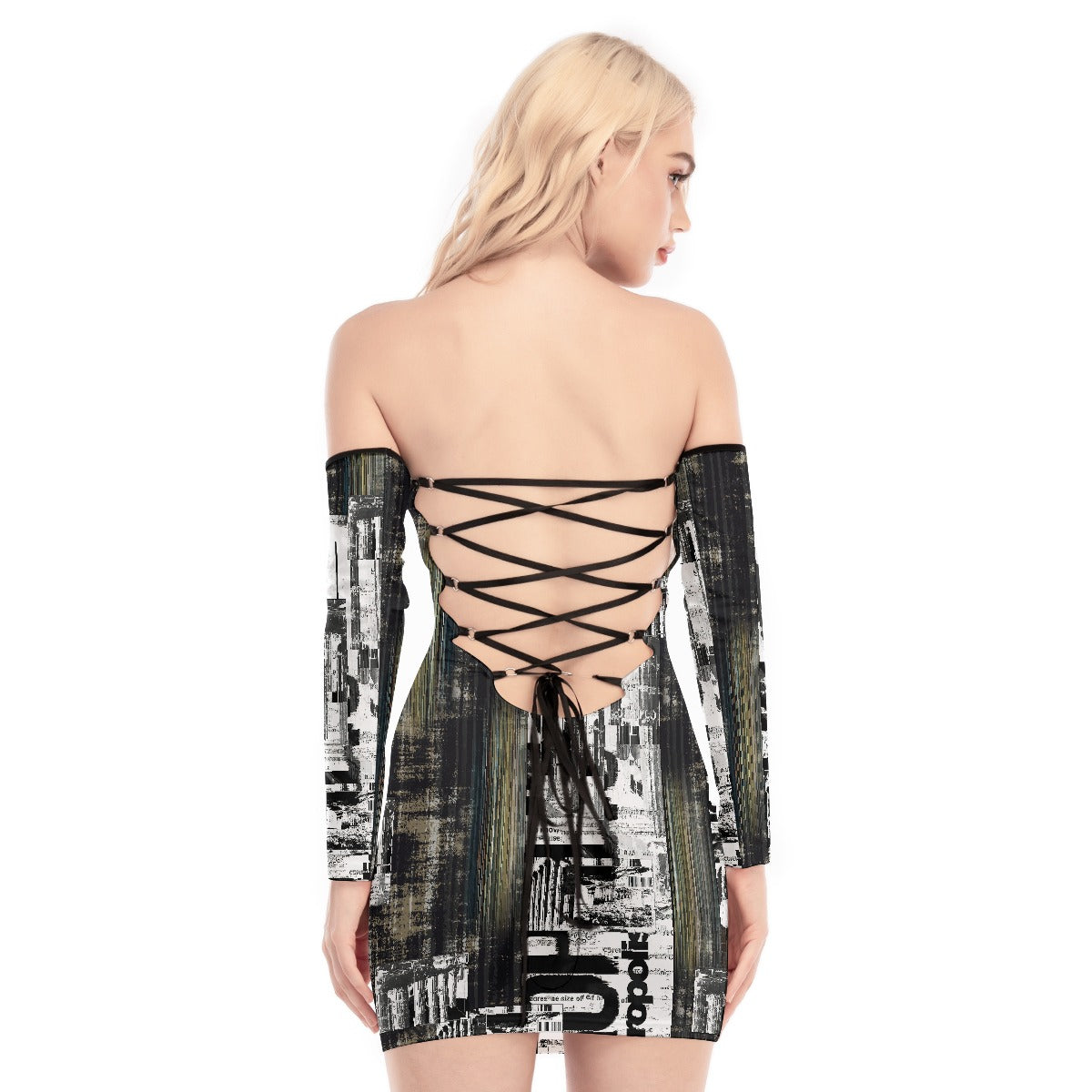 All-Over Print Women's Off-shoulder Back Lace-up Dress