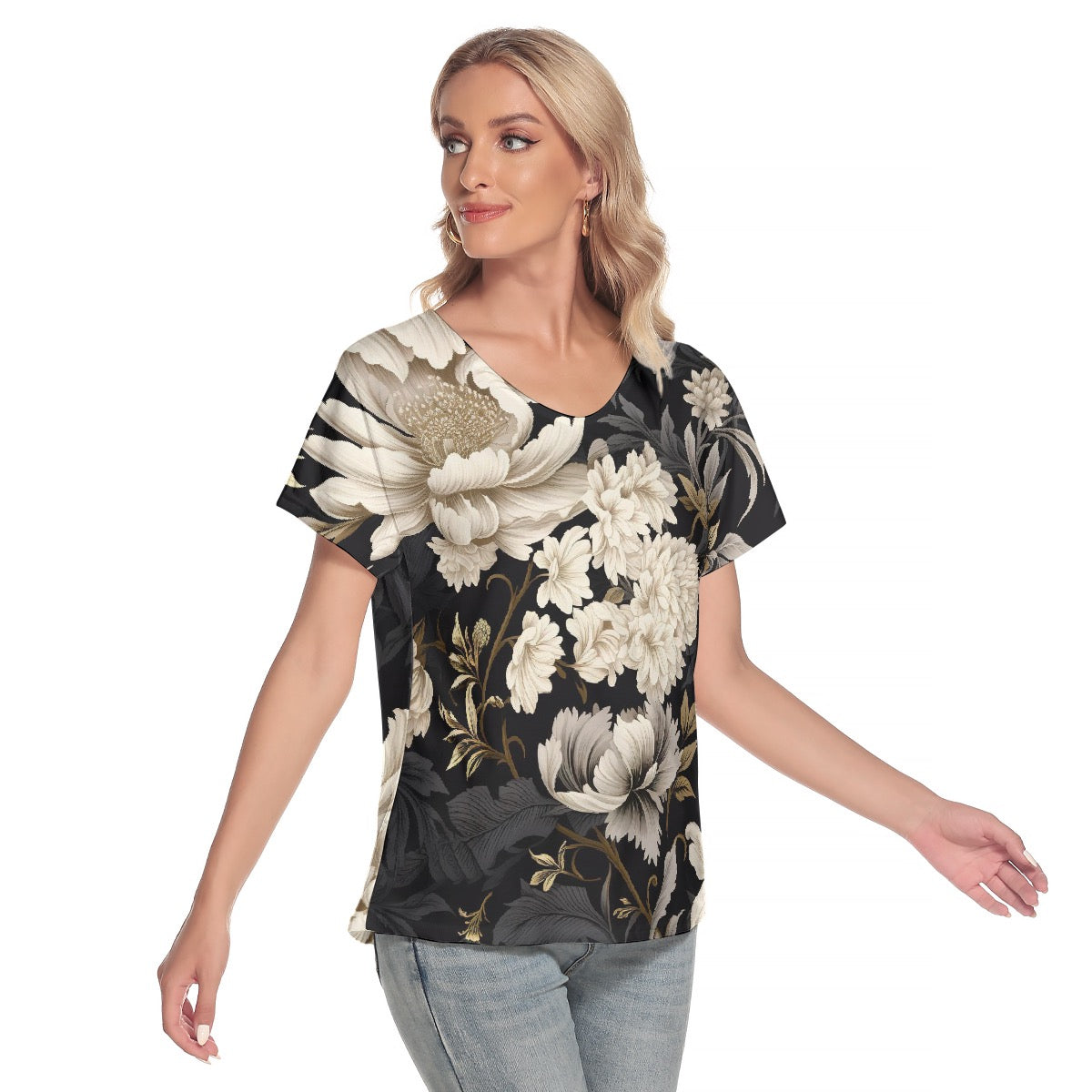 All-Over Print Women's Loose V-neck Short Sleeve T-shirt