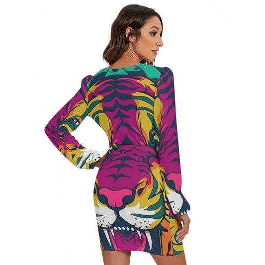 All-Over Print Women's Long Sleeve Dress With Waist Belt