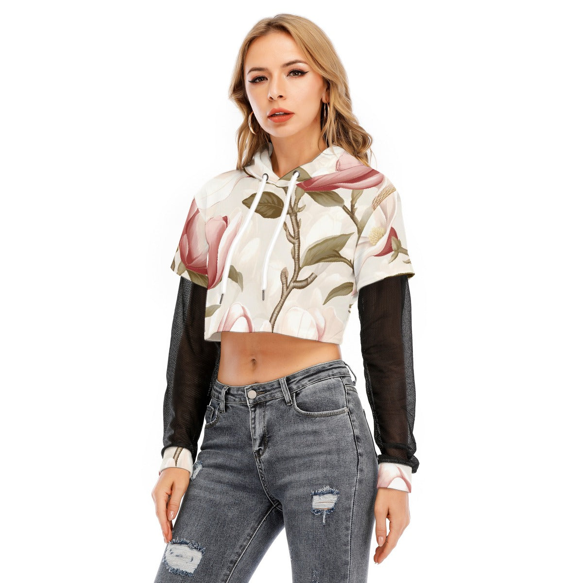 All-Over Print Women's Fake Two-piece Mesh Sleeve Cropped Hoodie