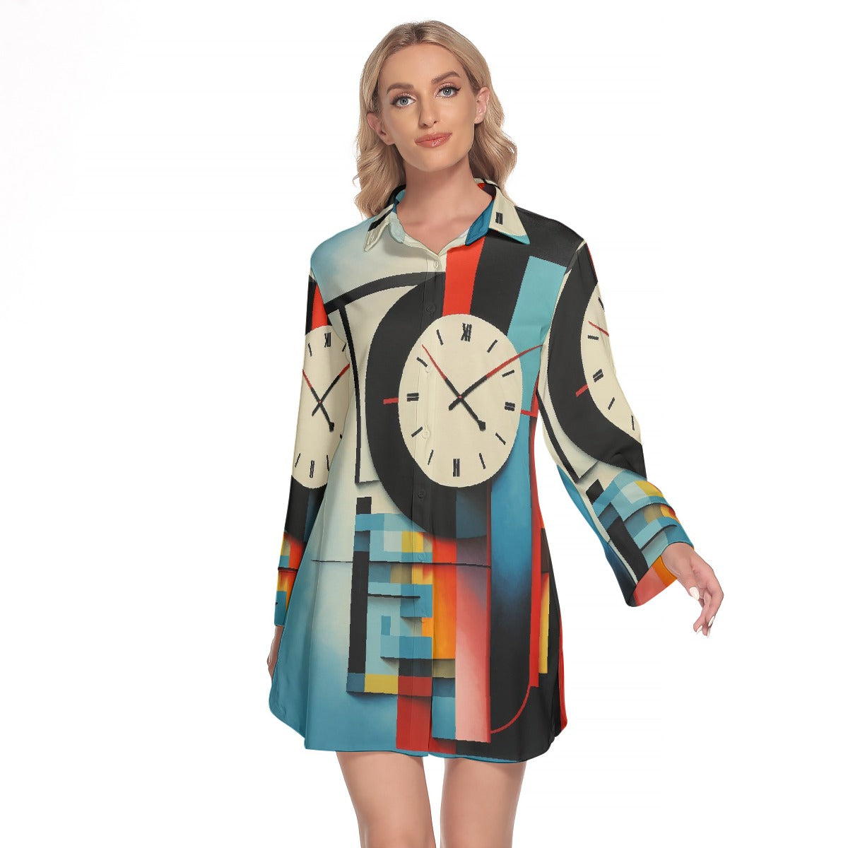 All-Over Print Women's Lapel Shirt Dress With Long Sleeve