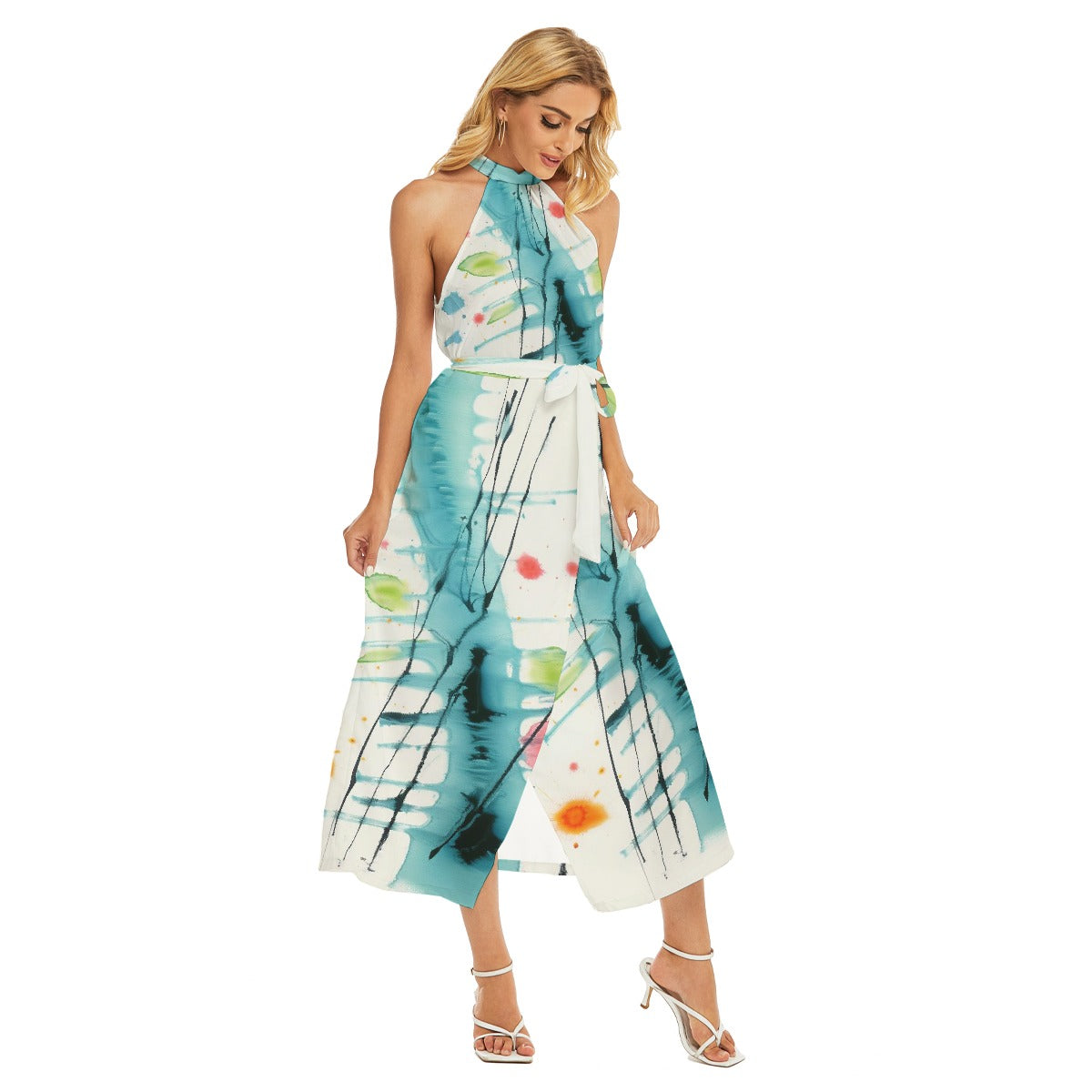 All-Over Print Women's Wrap Hem Belted Halter Dress