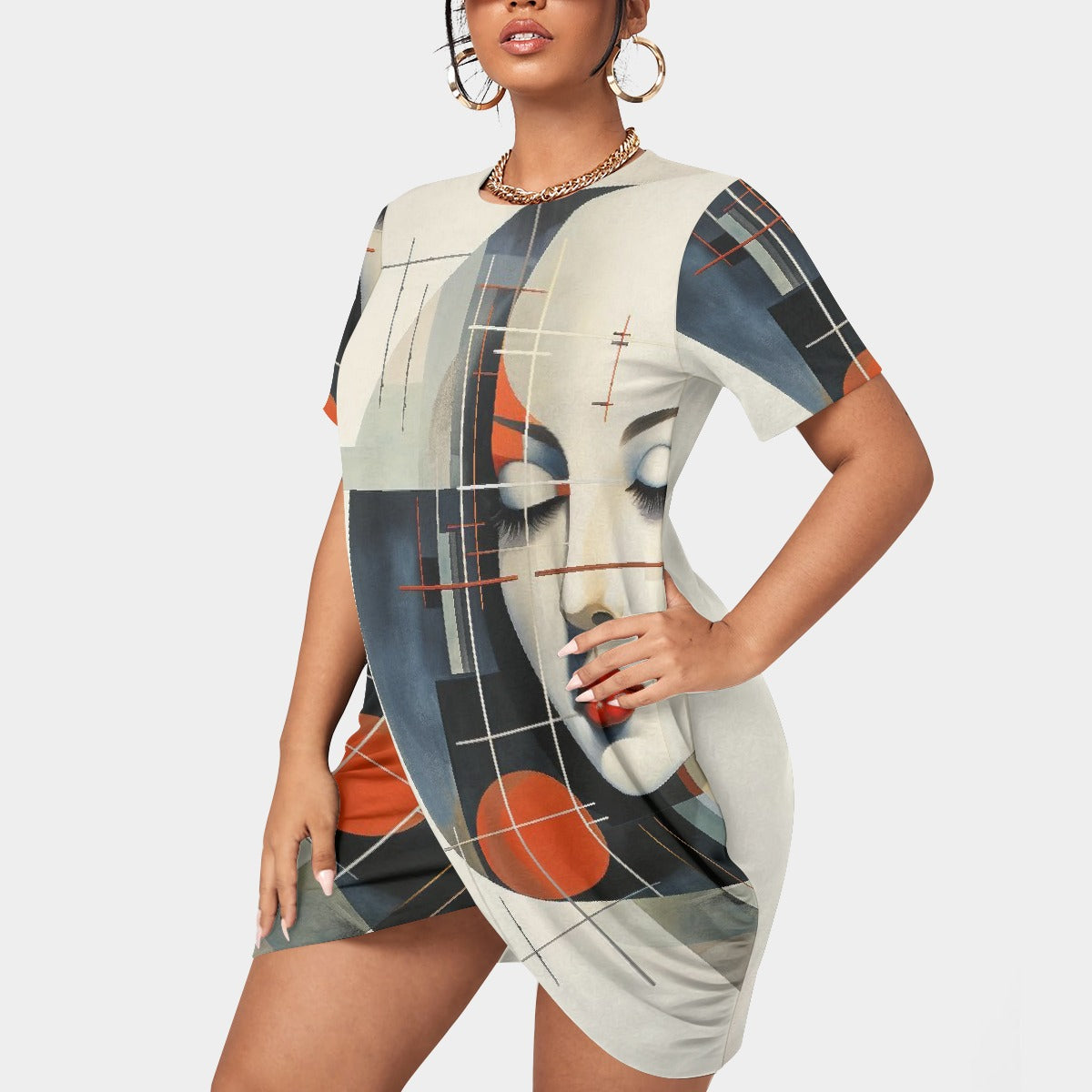 All-Over Print Women’s Stacked Hem Dress With Short Sleeve（Plus Size）