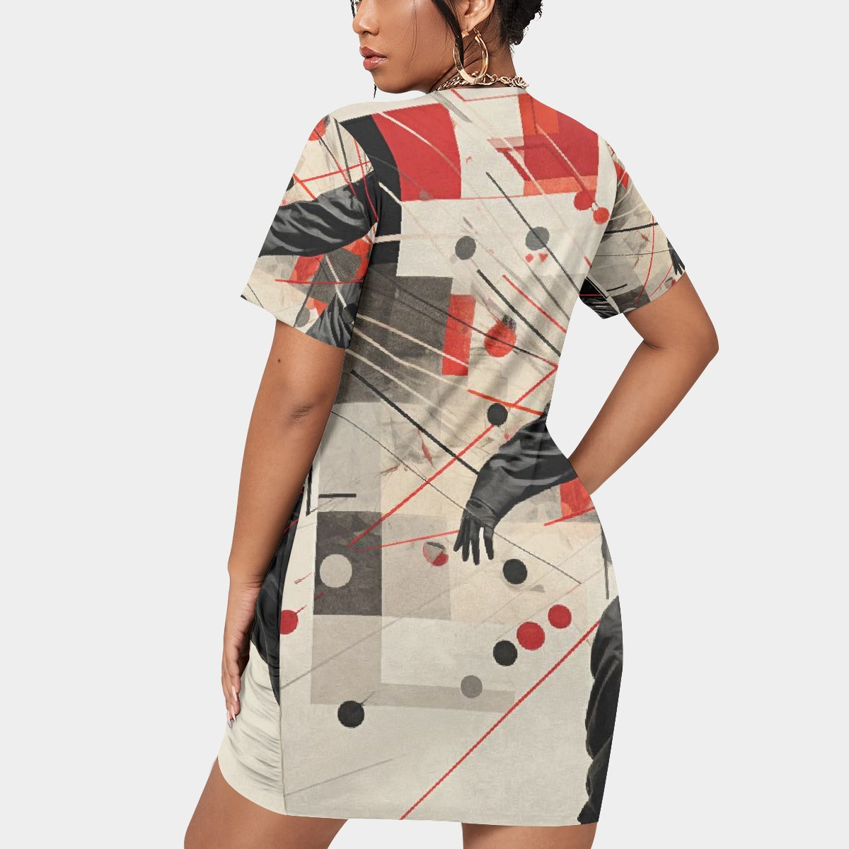 All-Over Print Women’s Stacked Hem Dress With Short Sleeve（Plus Size）