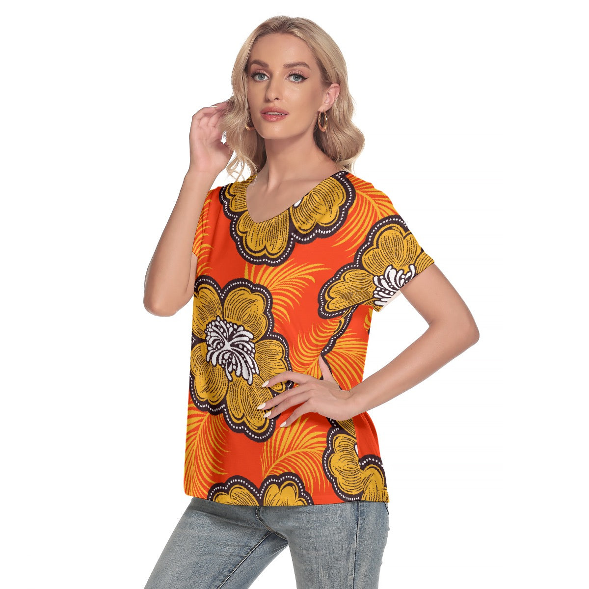 All-Over Print Women's Loose V-neck Short Sleeve T-shirt