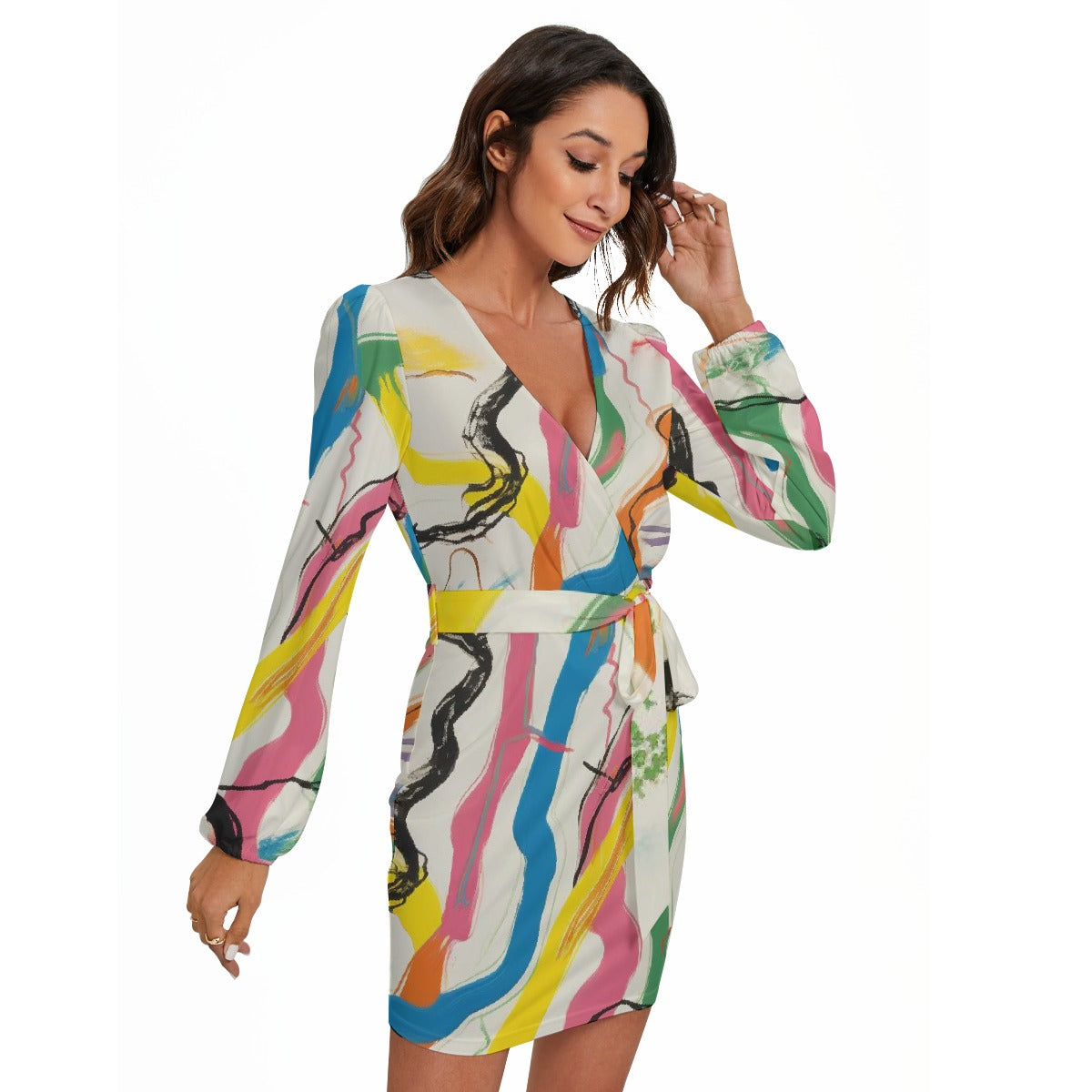 All-Over Print Women's Long Sleeve Dress With Waist Belt