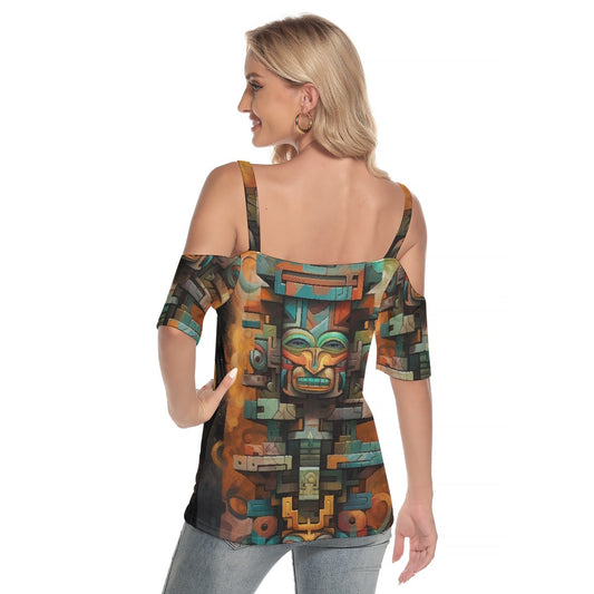 All-Over Print Women's Cold Shoulder T-shirt With Criss Cross Strips