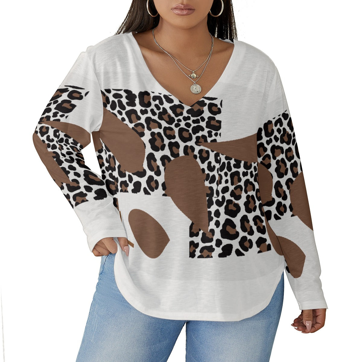 All-Over Print Women's V-neck T-shirt With Curved Hem(Plus Size)