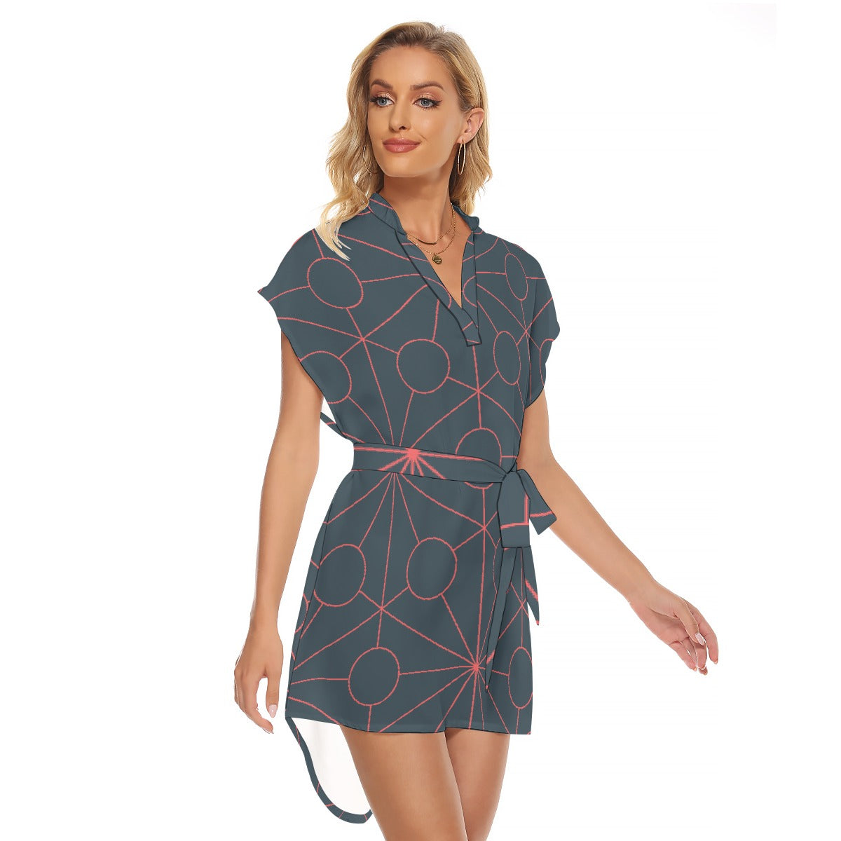 All-Over Print Women's Stand-up Collar Casual Dress With Belt