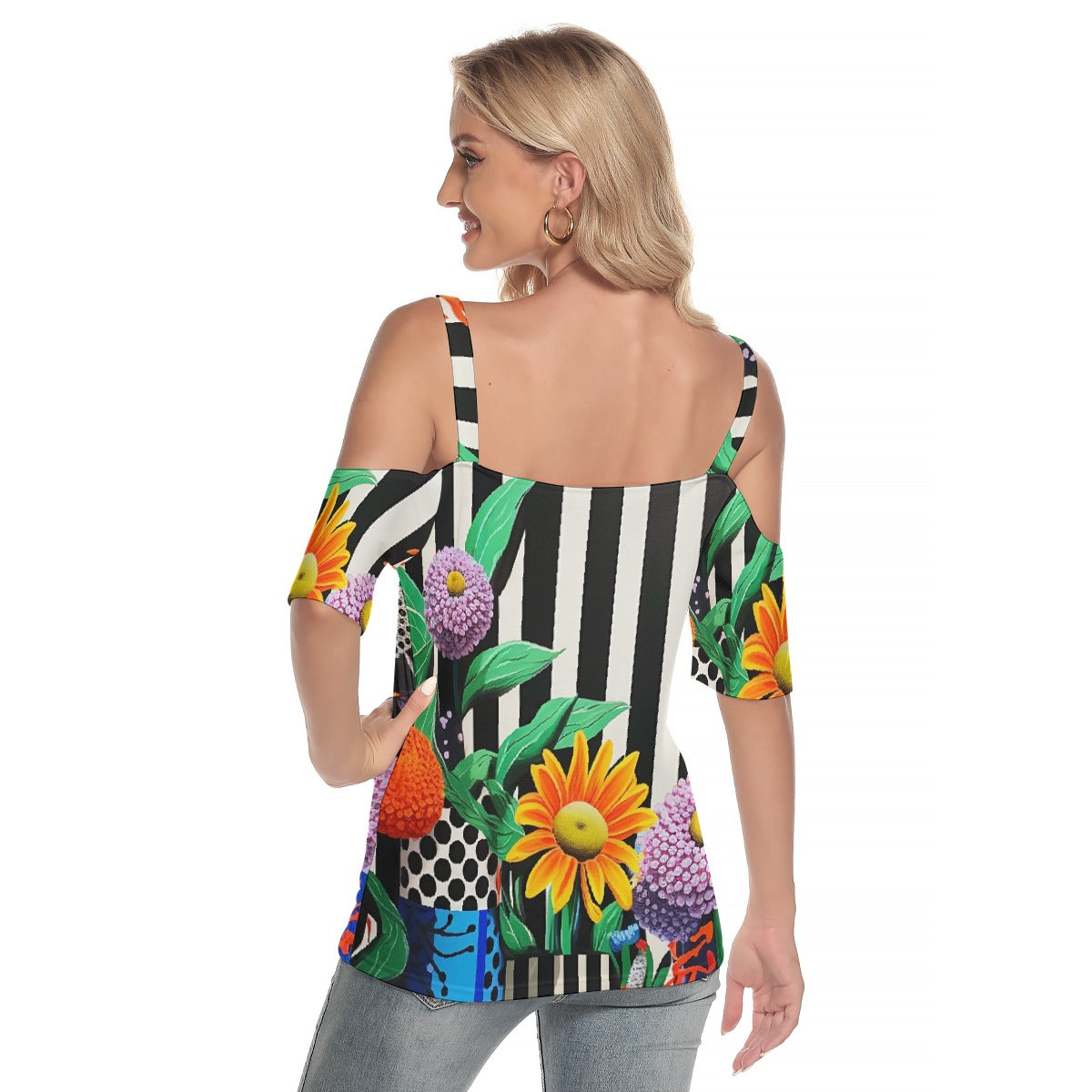 All-Over Print Women's Cold Shoulder T-shirt With Criss Cross Strips