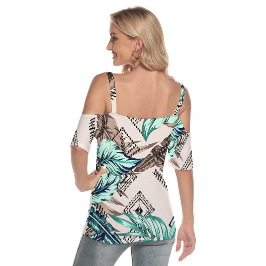 All-Over Print Women's Cold Shoulder T-shirt With Criss Cross Strips