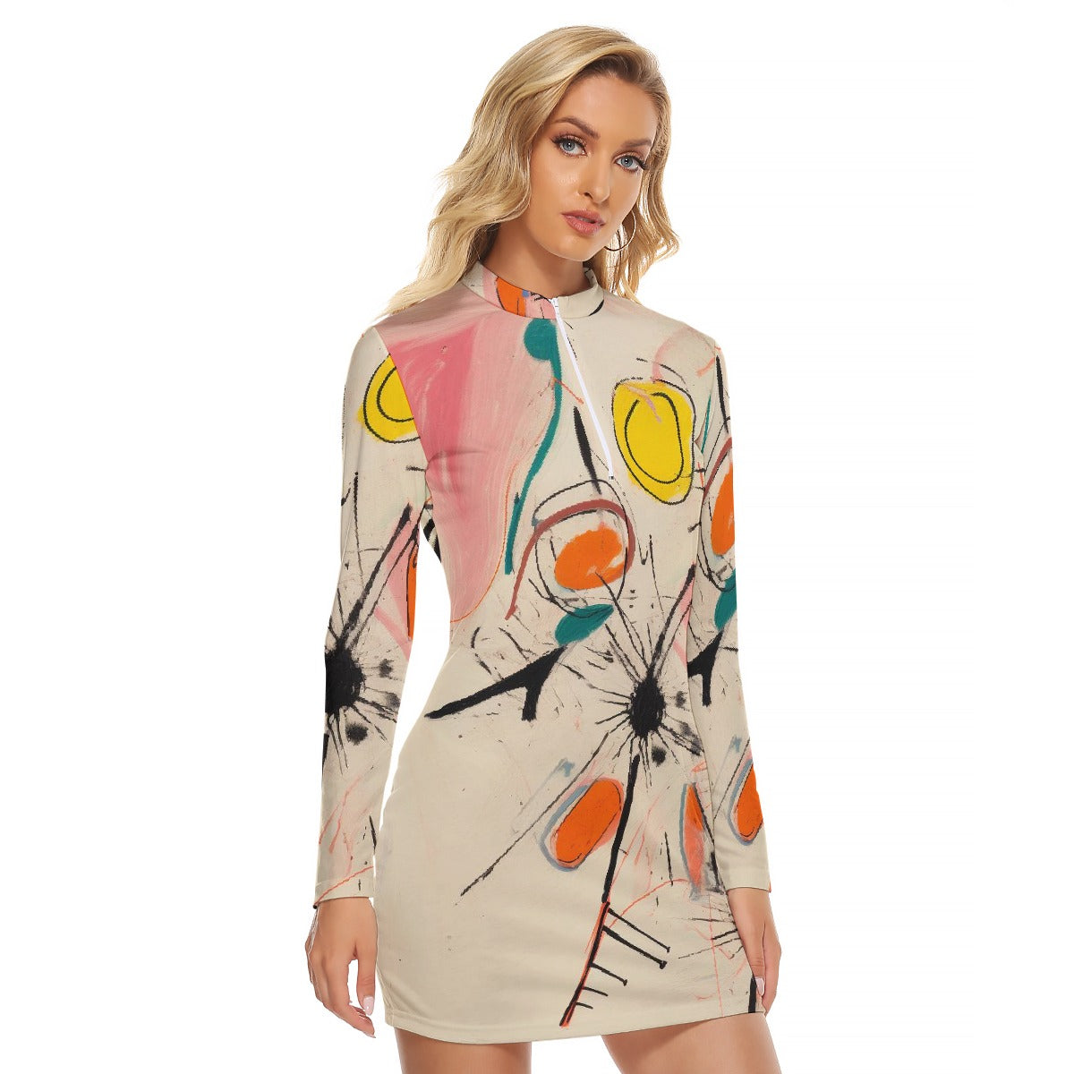 All-Over Print Women's Zip Front Tight Dress