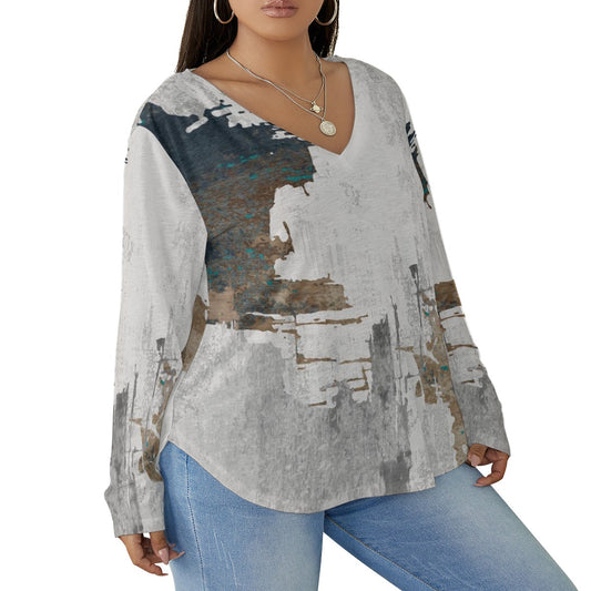 All-Over Print Women's V-neck T-shirt With Curved Hem(Plus Size)