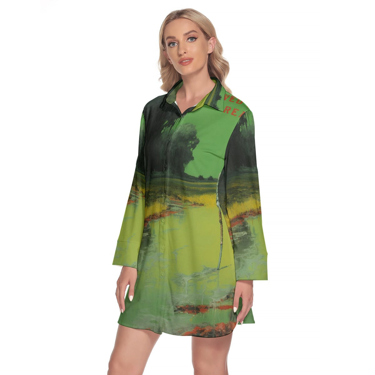 All-Over Print Women's Lapel Shirt Dress With Long Sleeve