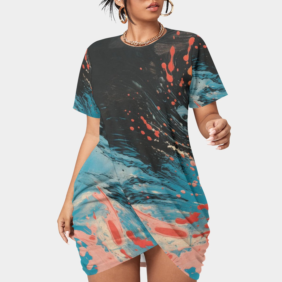 All-Over Print Women’s Stacked Hem Dress With Short Sleeve（Plus Size）