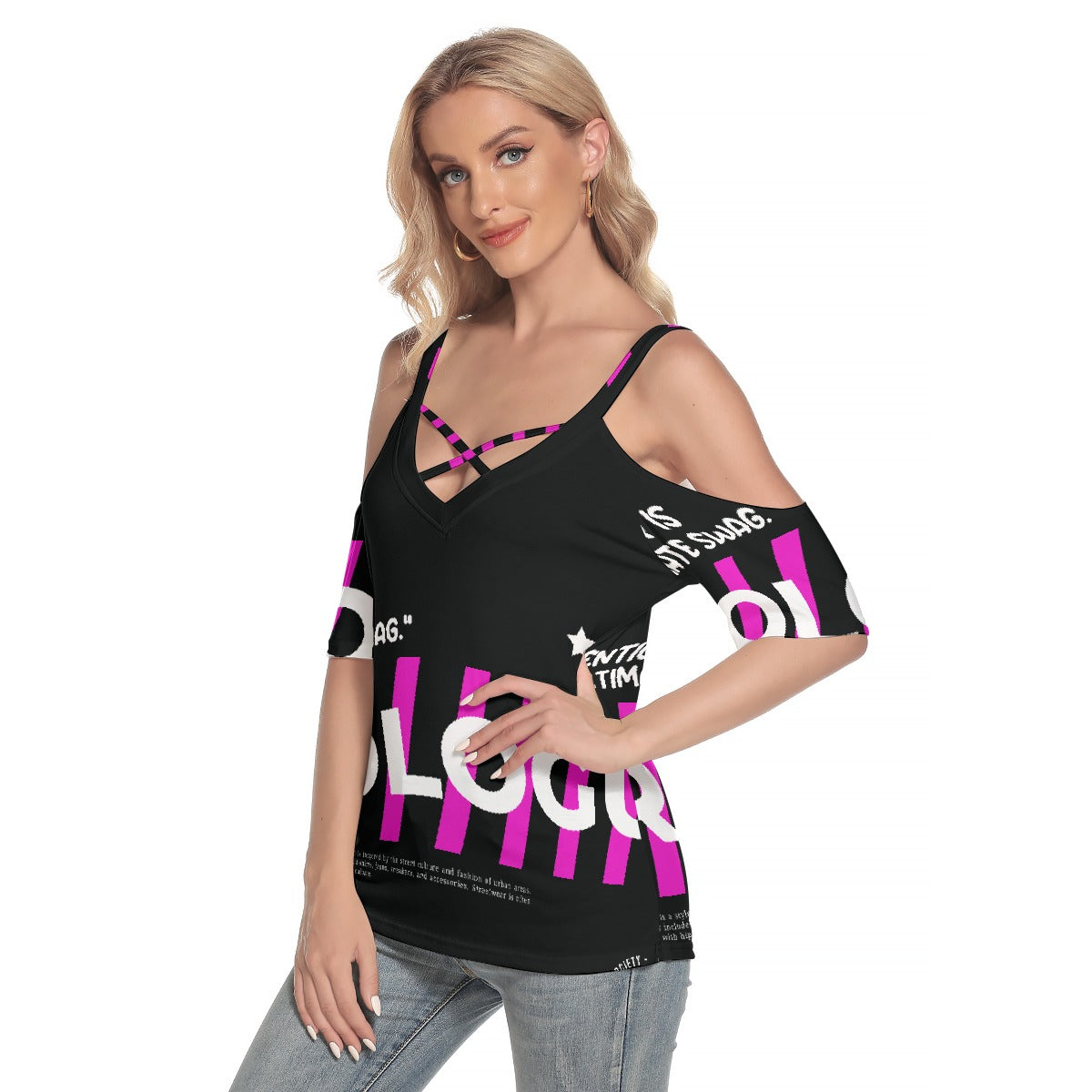 All-Over Print Women's Cold Shoulder T-shirt With Criss Cross Strips