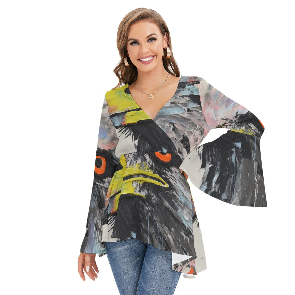 All-Over Print Women's V-neck Blouse With Flared Sleeves