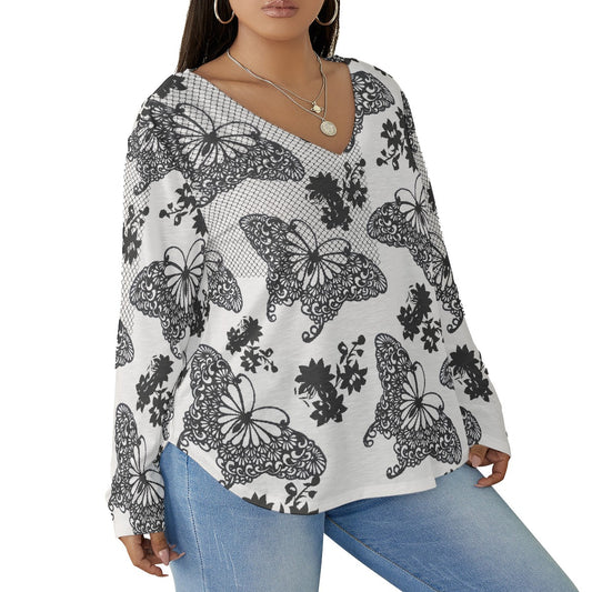 All-Over Print Women's V-neck T-shirt With Curved Hem(Plus Size)