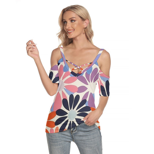 All-Over Print Women's Cold Shoulder T-shirt With Criss Cross Strips