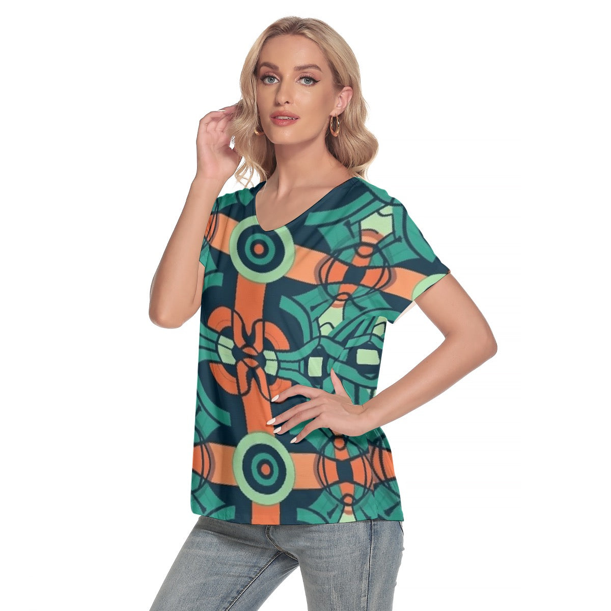 All-Over Print Women's Loose V-neck Short Sleeve T-shirt