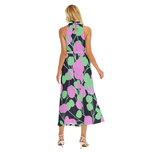 All-Over Print Women's Wrap Hem Belted Halter Dress