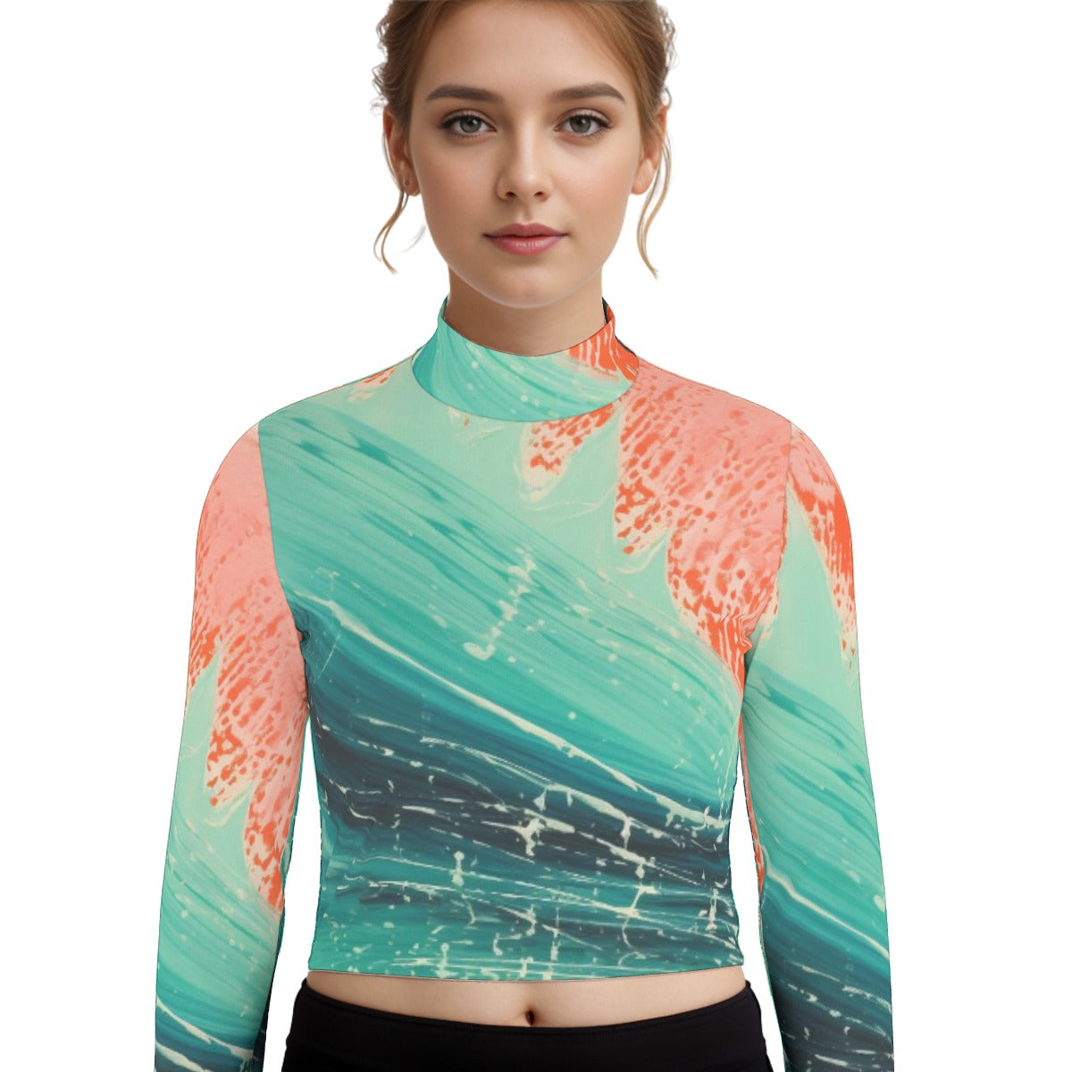 Eco-Friendly All-Over Print Women's Turtleneck T-shirt With Long Sleeve